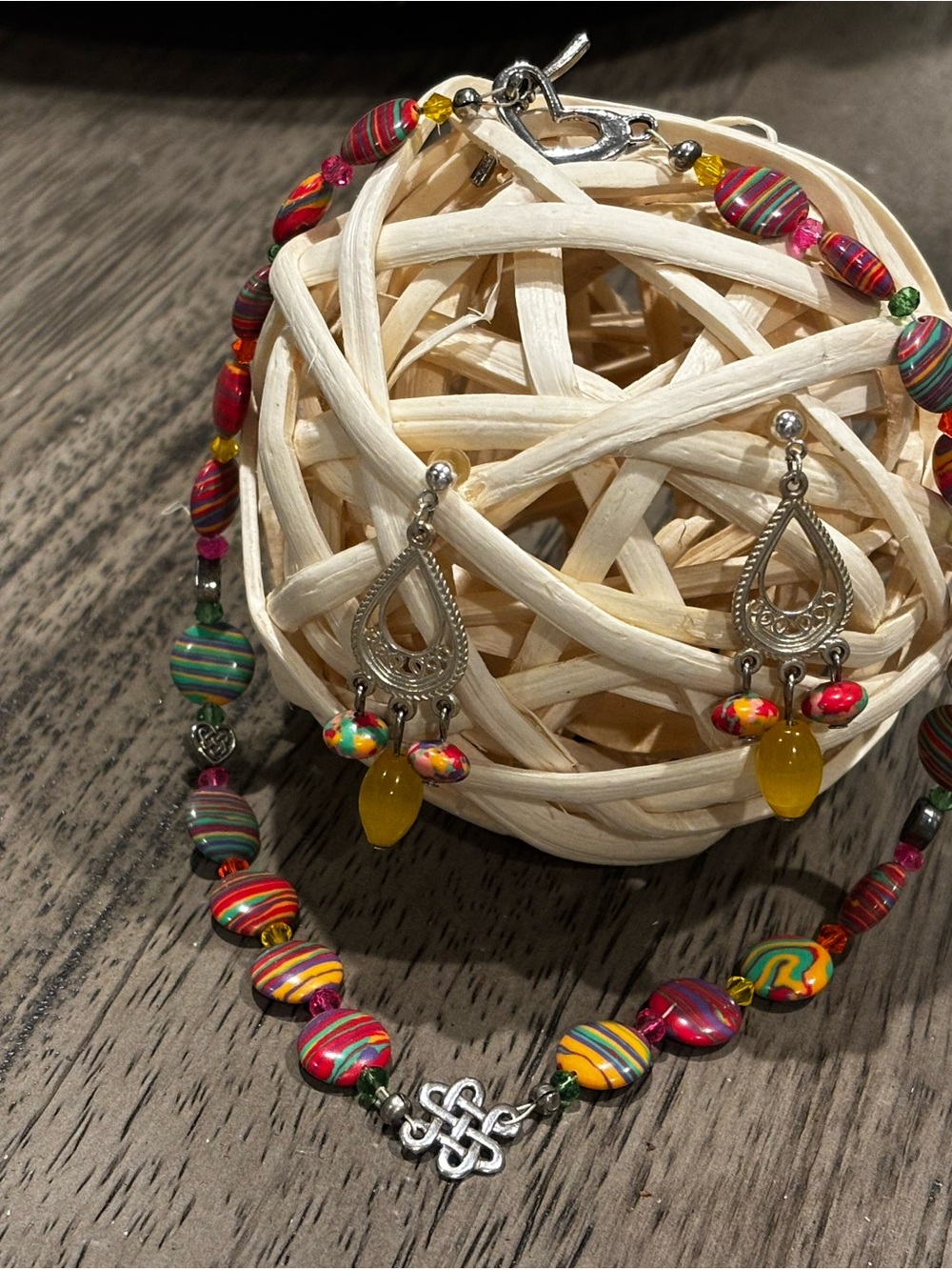 Handcrafted Multicolor Bead Necklace and Earring Set with Celtic Knot Charm